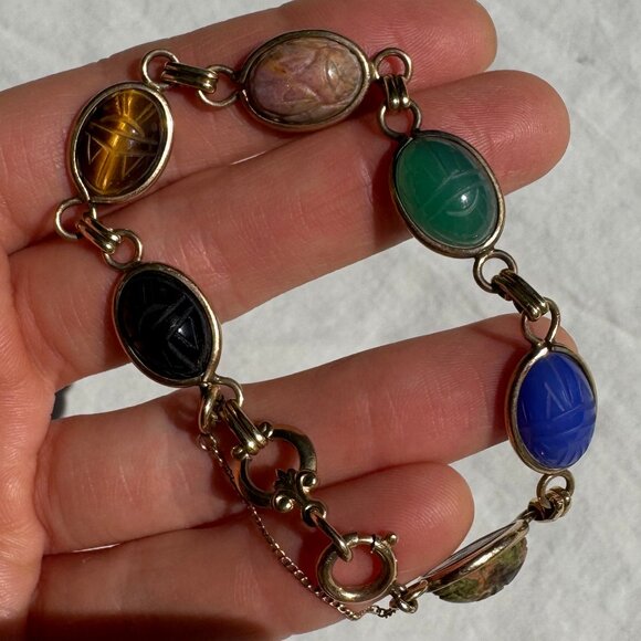 Vintage Gold Egyptian Scarab Bracelet with Precious Stones - Picture 4 of 7